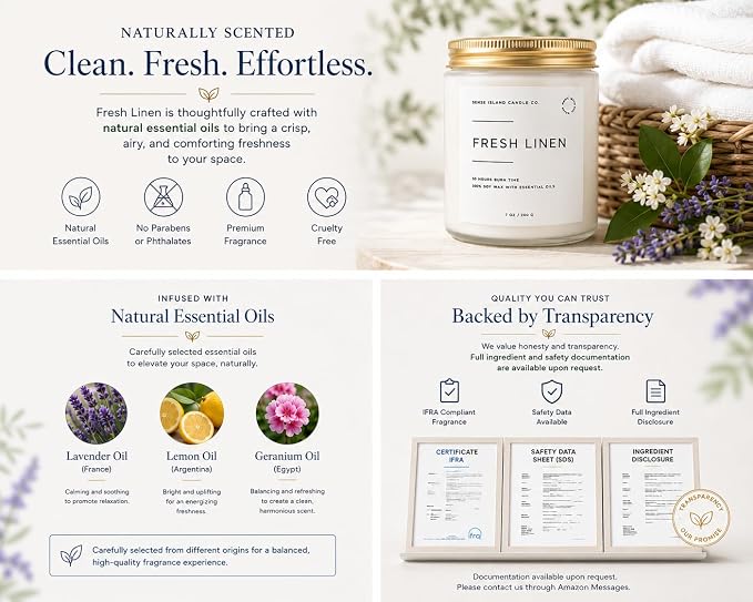 Fresh Linen Scented Candle for Home Scented 50+ Hrs Long Lasting100% Natural Soy Wax Clean Linen | Candle Gifts for Women Men Highly Scented House Warming Gifts