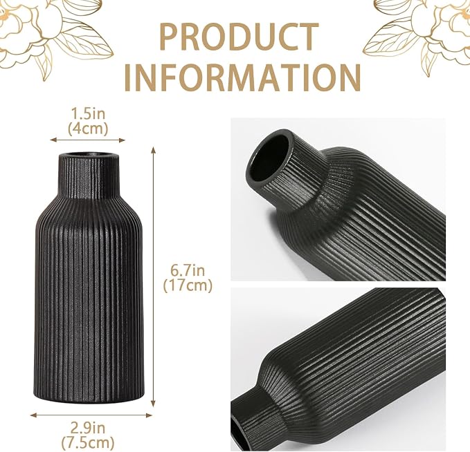 Bohemian Black Ceramic Vase - for Pampas Grass, Mantel, Bookshelf, Entryway and Living Room Decor (Black, 7in)