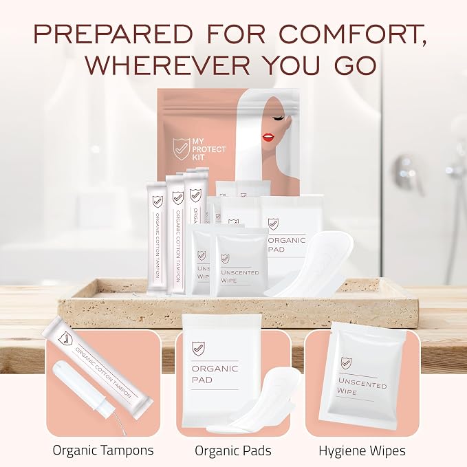 MY PROTECT KIT Feminine Care Kit - 11 Pieces First Period Kit for Girls, Compact Hygiene Set for Women, Essentials with Cotton Tampons, Organic Pads & Wipes, Pack of 48