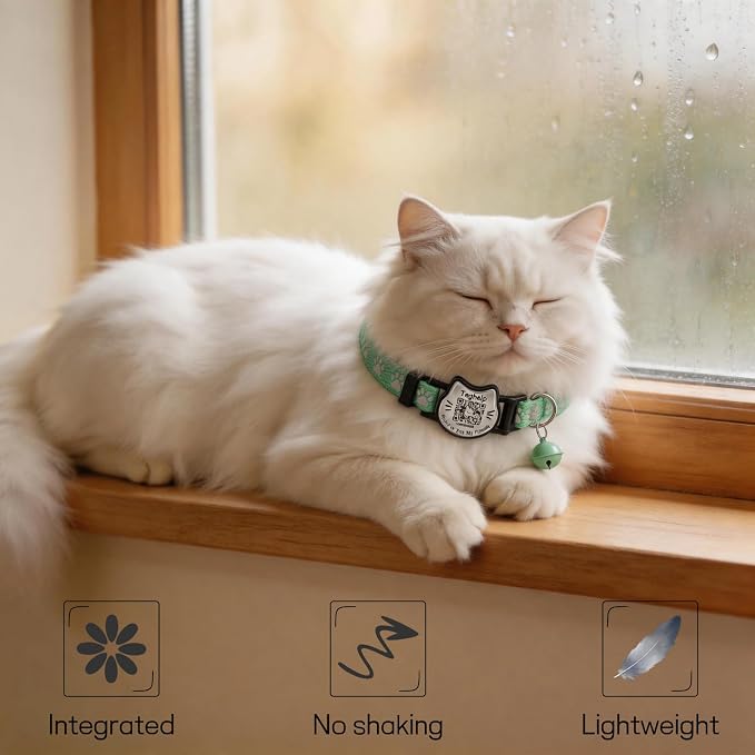 Breakaway Cat Collar with QR Code Tag and Bell (Yellow & Green) | Reflective Nylon, Quick-Release Buckle