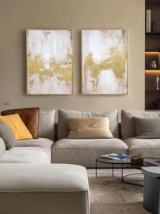 Zessonic Gold and Neutral Abstract Hand-Applied Brush Wall Art,20"x28"x2 | Framed Modern Textured Canvas Prints with Hand-Applied Brush Strokes, Framed Artwork for Living Room Bedroom Office Hallway