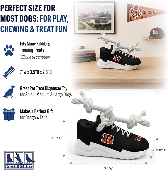 Pets First NFL Cincinnati Bengals Cleat Sneaker Spike Dog Toy, Football Treat Dispenser Chew Toy for Dogs, Interactive Rope Tug Toy, Slow Feeder Natural Rubber Dog Toy with Official Team Logo