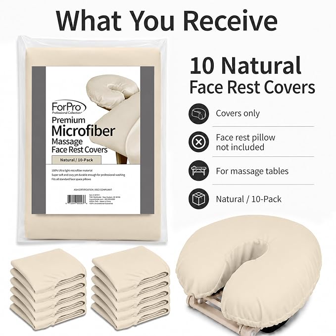 ForPro Premium Microfiber Massage Face Rest Cover, Natural, Ultra-Light, Stain and Wrinkle-Resistant, for Massage Tables, 10-Count