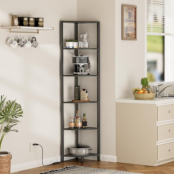6 Tier Corner Shelf with LED Light, 67.5" Black Narrow Bookshelf | Tall Standing Shelf Organizer, Storage Rack for Wall Corner, Living Room, Bedroom, Metal Frame, Wood Display Shelf