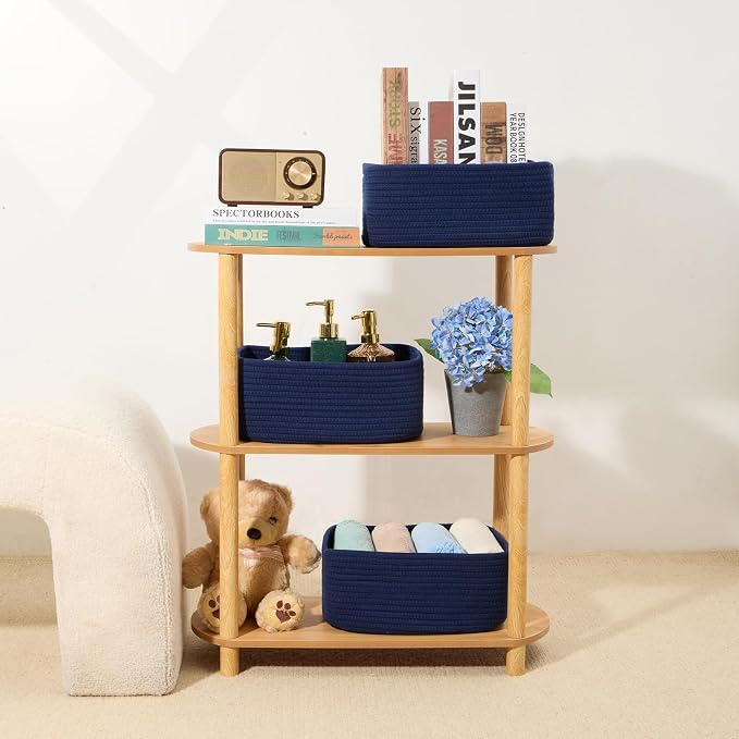 MiniArk Small Storage Baskets for Organizing | Closet Organizer Bins | Shelf Toy Basket | Woven Rope Baskets | Cube Decorative Box | Shallow Basket | 13x8.5x5.1” | 3 Packs Navy Blue