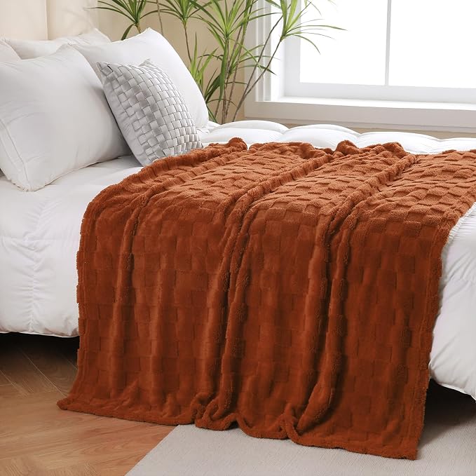 Burnt Orange Throw Blanket 108”×90”Checkered Design for Sofa | Super Soft Cozy Fleece Plush Microfiber 3D Square Pattern Flannel Blanket for Couch Bed Lightweight for Adults,Women