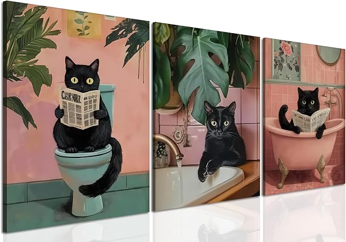 Funny Pink Bathroom Cat Wall Art Painting Set of 3 Maximalist Cute Black Cat Bathroom Wall Decor, Eclectic Animal Restroom Poster Canvas Prints Pictures 12x16 inch Framed