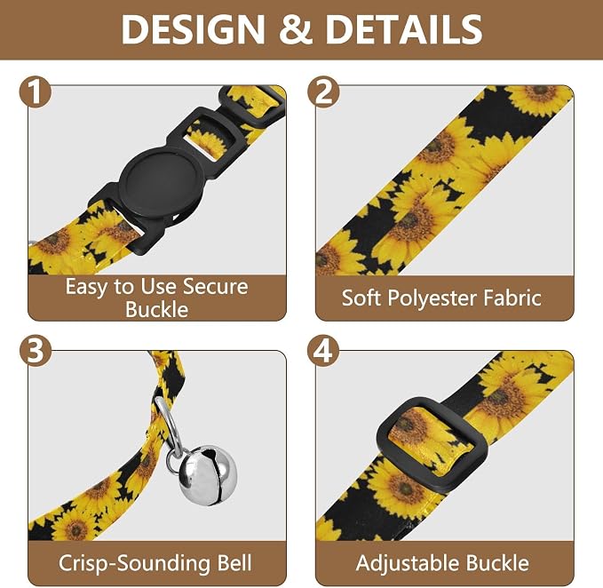Sunflower Petal Black Brown Collar for Cats, 2 Pack Cat Collar Breakaway with Bell