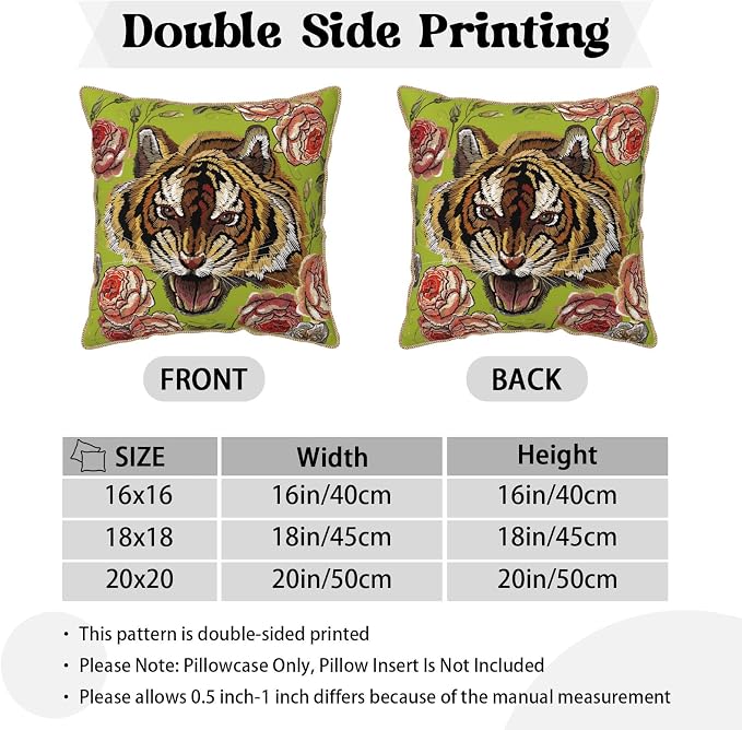 Tiger Flower Green Velvet Pillow Covers 16x16 Inch Pink Floral Animal Throw Pillows for Couch Cushion Covers Pillowcase Farmhouse Modern Pillow Cases for Sofa Bed Living Room Bedroom