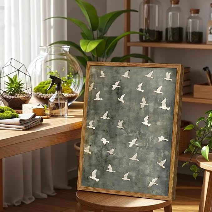 Framed Vintage Flying Bird Canvas Wall Art, Minimalist Abstract Flock of White Birds Pictures Wall Decor, Cottagecore Nature Wildlife Prints Paintings for Living Room Bedroom Home Office 16x24 inch