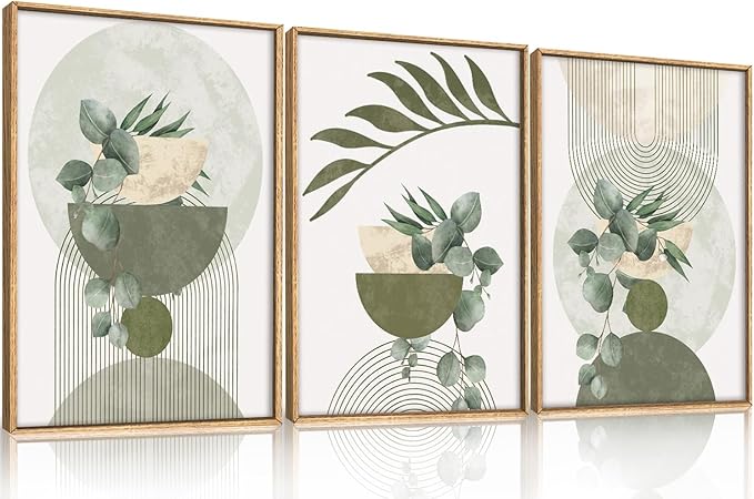 FWIEXA Sage Green Plant Canvas Wall Art Set 3, Abstract Geometric Line Botanical Framed Prints, Beige Minimalist Boho Leaf Paintings,16x24In Mid Century Modern Artwork for Living Room,Bedroom,Office