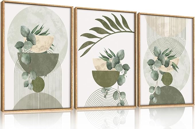 FWIEXA Sage Green Plant Canvas Wall Art Set 3, Abstract Geometric Line Botanical Framed Prints, Beige Minimalist Boho Leaf Paintings,24x36In Mid Century Modern Artwork for Living Room,Bedroom,Office