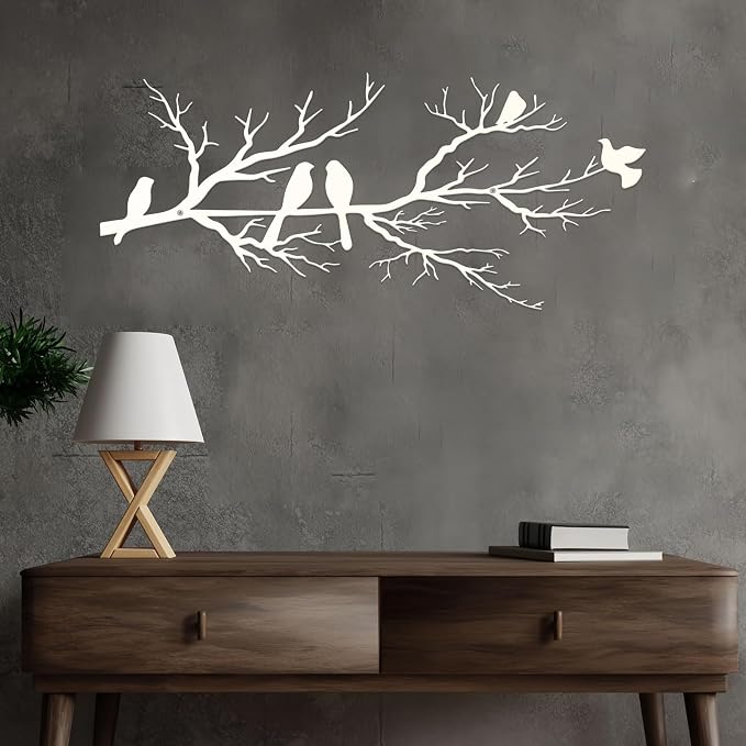 ESTART Metal Birds Wall Art, Metal Vivid Birds on Branch Silhouette Wall Decor White Leaves with Bird Outdoor Hanging Wall Sculpture for Home Living room Bedroom Balcony Garden (White, Large)