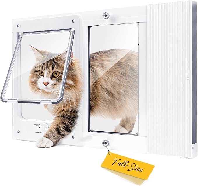 Full-Size Cat Door for Window, H: 15.3", Fit 21"-23.8" Window | Weatherproof Aluminum Frame & HD Glass, Quick 1-Minute Installation, Magnetic Closing Window Cat Door Insert