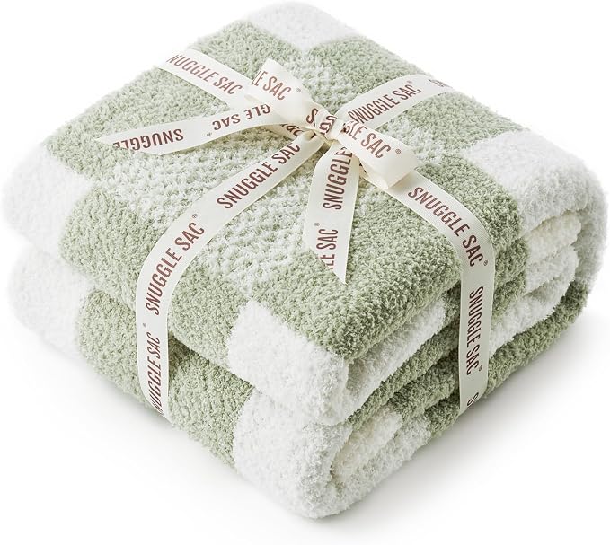Snuggle Sac Checkered Blanket, Sage Green Throw Blanket for Couch Checker Microfiber Warm Fuzzy Cozy Soft Oversized Throw XL Reversible Checkered Blankets for Sofa, Chair, Bed, 50x70 inches