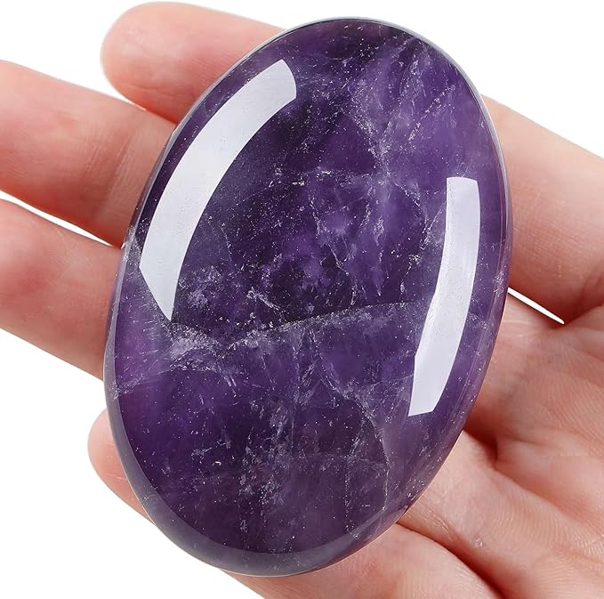 LAIDANLA Amethyst 2.4" Large Palm Stone Healing Crystals Natural Gemstones Calming Effects Energy Balancing Reiki Polished Worry Stone Cleansing Protection Anxiety Stress Relief Therapy 1PC