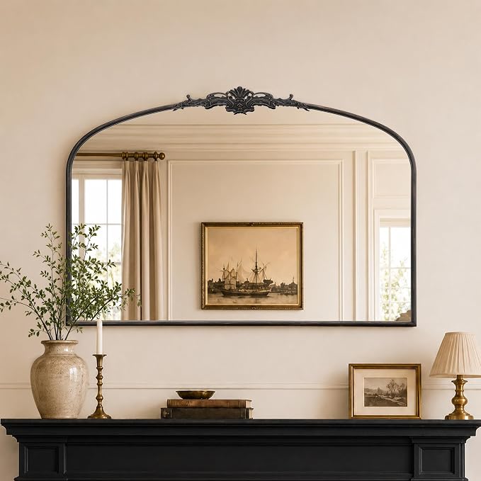 Besdomus Vintage Arched Black Mirror: 48"x33" Oversized Decorative Mirrors | French Baroque Metal Framed - Traditional Ornate for Home Renovation Decor - Ideal for Foyer/Entryway/Fireplace/Living Room