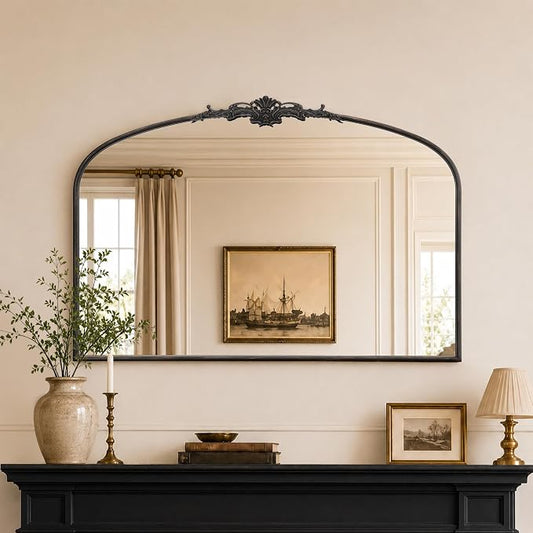Besdomus Vintage Arched Black Mirror: 48"x33" Oversized Decorative Mirrors | French Baroque Metal Framed - Traditional Ornate for Home Renovation Decor - Ideal for Foyer/Entryway/Fireplace/Living Room