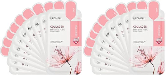 Mediheal Official Best Korean Sheet Mask - Collagen Essential Face Mask 10 Sheets Lifting and Firming For All Skin Types Value Sets (Pack of 2)