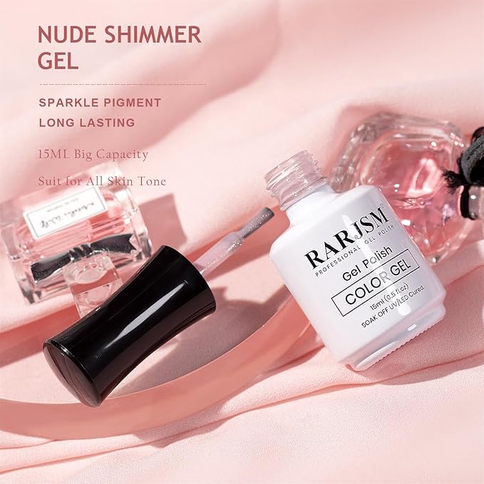 RARJSM Nude Glitter Pink Gel Polish Sparkle Pink Gold Shimmer Pigment Jelly Gel Nail Polish Sheer Transparent Neutral Color Skin Tone 15ml Natural Soak off UV LED Cured for Home Salon DIY Nail Art
