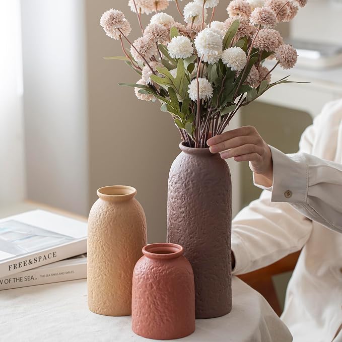 Large Decorative Ceramic Vase Set, 3 Pieces, Matte Taupe Orange Coral Beige, 10.4 Inch Tall, Nordic Modern Boho Style, Orange Peel Glaze Finish, Farmhouse Home Décor