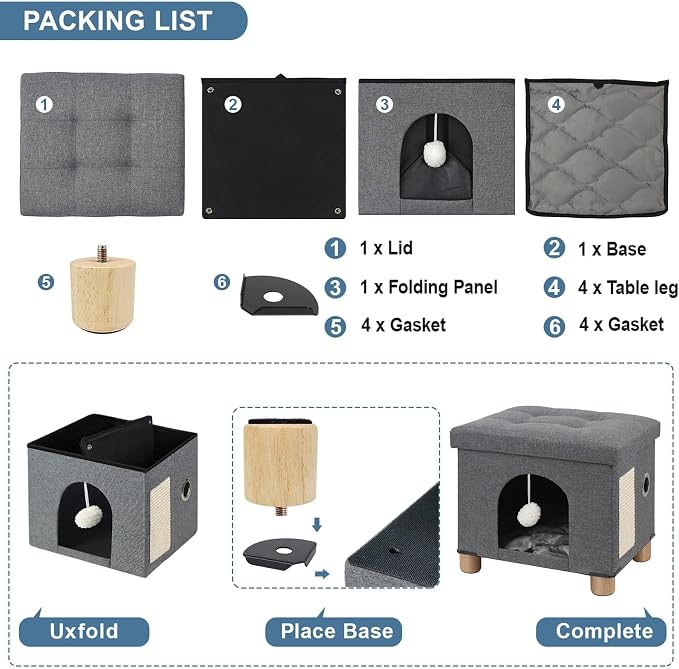 BRIAN & DANY Large Cat Beds for Indoor Cats, Cat Cave House for Kitten with Scratch Board & Ball, 17.7 x 14.8 x 15 inches, Gray (Large)