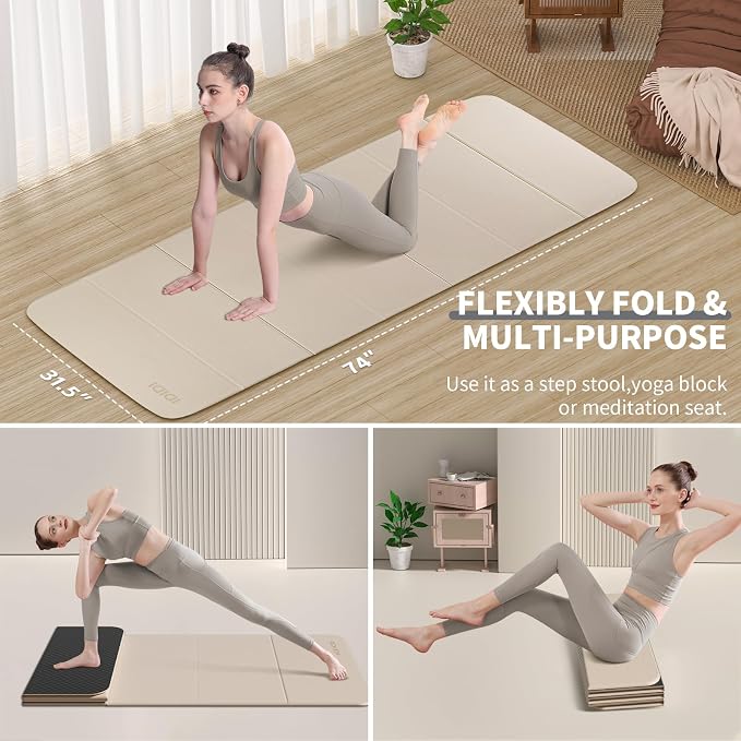Foldable Extra Large Yoga Mat 74"×31.5", 8mm Double-Sided Non Slip Lightweight Fitness Mat for Man & Woman, Portable for Home Studio & Travel