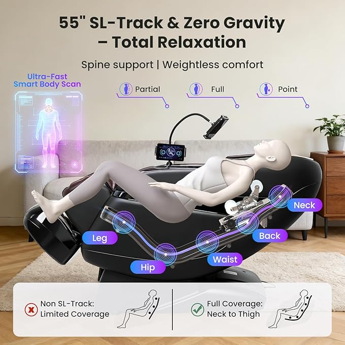 4D Music Rhythm Massage Chair Full Body Recliner, 2025 Unique Sonic Resonance Zero Gravity SL-Track Shiatsu with Knee Heating Blanket AI Voice Bluetooth Foot Roller Body Scan Airbags G9 Black