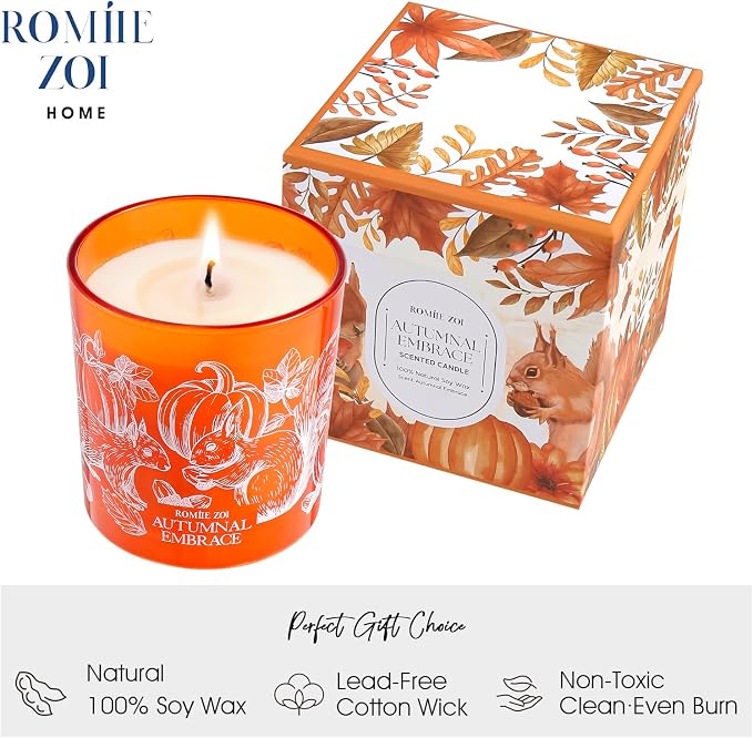 ROMIIE ZOI Fall Scented Candle - Autumn Embrace - 6oz Soy Wax Candle with Cozy Autumn Aroma - Seasonal Home Decor Gift for Women and Men