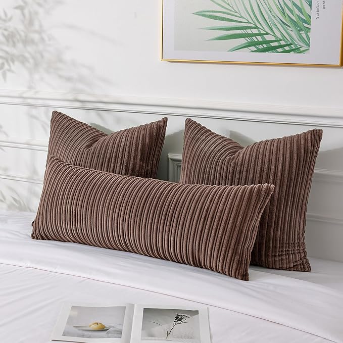 UGASA Fall 14x36 Inch Pillow Cover Pack of 1 Soft Boho Stripe Corduroy Large Long Rectangle Lumbar Cushion Case Farmhouse Decorative Throw Pilowcase for Bed, Couch, Sofa, Bedroom, Dark Brown