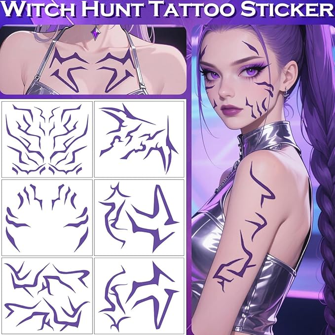 Cosplay Temporary Tattoos, 6 Sheets Purple Tattoos Waterproof Body Art Prop for Cosplay Halloween Party Makeup Realistic Accessories