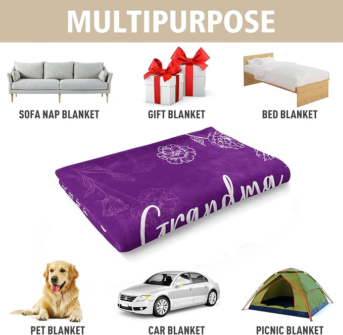 GiltGlimmer Grandma Gifts, Grandma Floral Blanket 50" x 60", Purple | Birthday Gifts for Grandma from Grandkids, to My Grandmother Soft Flannel Throw Blanket for Christmas Mothers Day