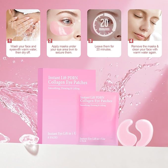 Eye Patches with PDRN & Collagen, Hydrogel Eye Mask with Instant Lift Effect, Dark Circles & Puffy Eyes, Anti-Aging Under Eye Treatment for Wrinkles, Eye Bags & Fine Lines (8 Pairs)