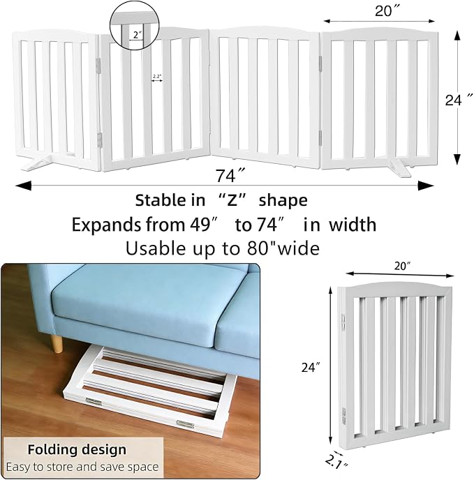 ZJSF Foldable Freestanding Indoor Dog Gate for House Wood White Long Pet Gates Dog Fence for Stairs Puppy Gates for Hallways, Puppy Gate,Support Feet Included 32 "Height-4 Panels