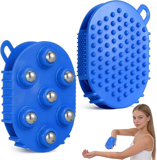 Veemoon 2 Pcs Palm Massage Glove, Roller Ball Handheld Massager, Blue PVC Body 7 Metal Beads, Lymphatic Massage Tool Face Back Neck Foot Muscle Tension Soothing Gua Sha Adults Present