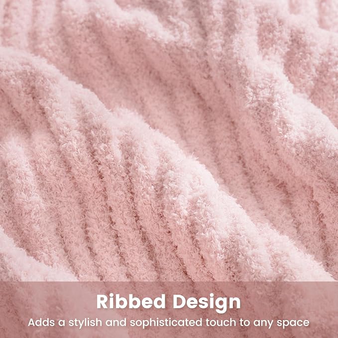 Snuggle Sac Fluffy Ribbed Pink Blanket Twin Size, Soft Luxurious Knit Throw, Fuzzy Plush Microfiber Blankets for Couch, Sofa, Bed, Pink, 60x80 inches