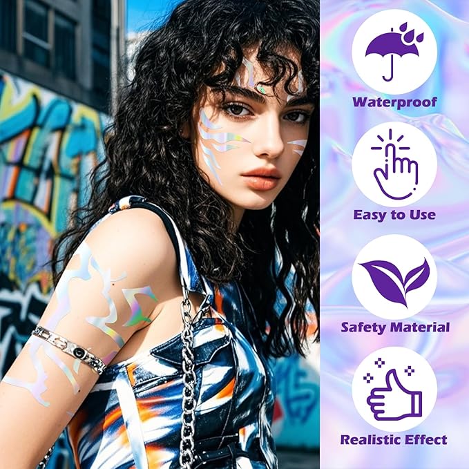 Temporary Tattoos For Men and Women - 12 Sheets Full Body Tattoos Stickers Waterproof Movie Cosplay Costume Accessories for Boys Girls Festival Party Rave Stage Makeup Decoration（Laser）