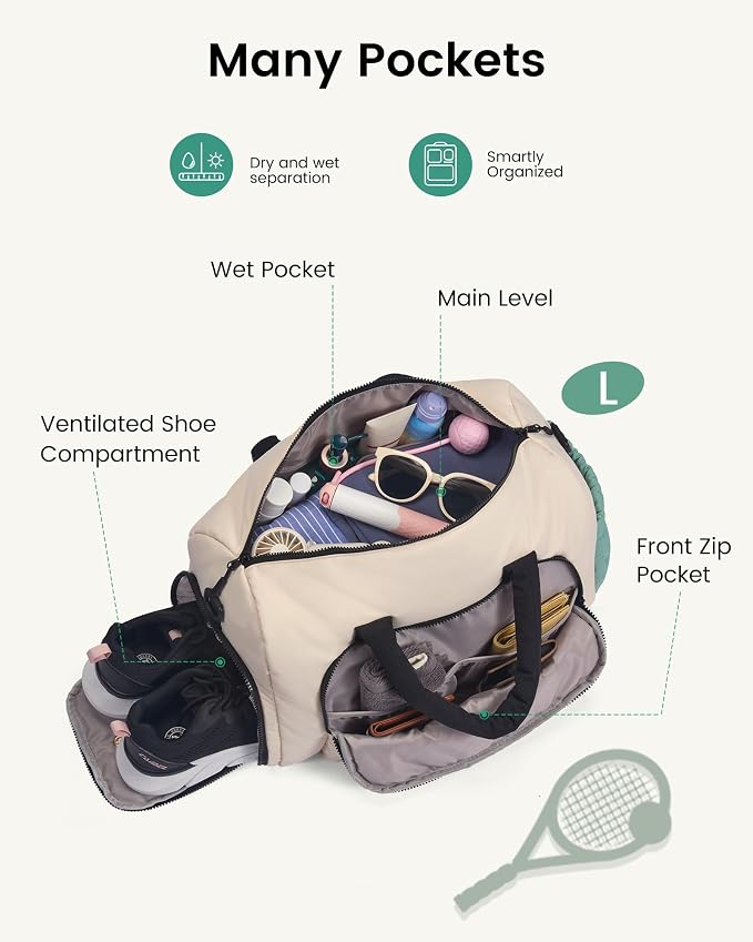 LOVEVOOK Gym Bag for Women with Shoe Compartment,Workout Bag with Large Tumbler Holder Pocket,Carry on Bag for Workout Dance Pilates Ballet Swimming Travel，Green and White