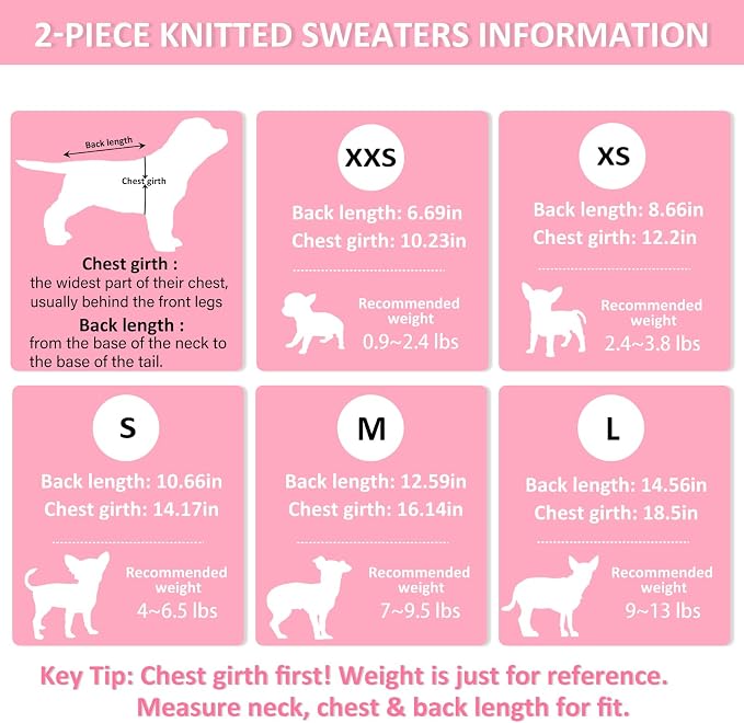 2 Pack Dog Sweaters for Small Dogs, Chihuahua Yorkie Sweater, Dog Clothes for Small Dogs, Winter Warm Pullover Clothing, Pet Cat Cold Weather Puppy Clothes Outfits L