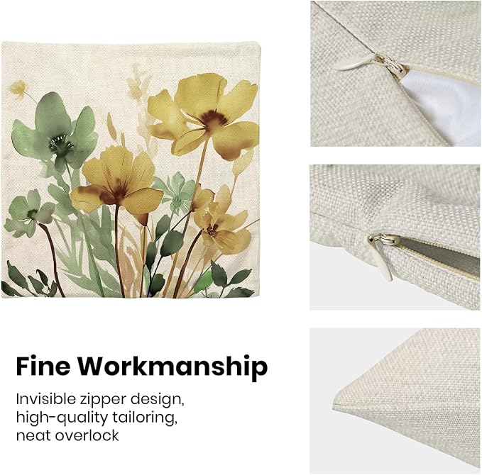 Floral Pillow Covers 16x16 Inch Set of 2 Sage Green Yellow Floral Throw Pillow Cover Outdoor Modern Spring Summer Flower Decoration Pillowcase Farmhouse Decorative Cushion Cover For Home Couch