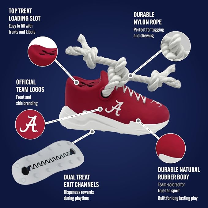NCAA Alabama Crimson Tide Cleat Sneaker Spike Dog Toy, Treat Dispenser Chew Toy for Dogs, Interactive Rope Tug Toy, Slow Feeder Natural Rubber Dog Toy with Official Team Logo for Puppies & Adult Dogs