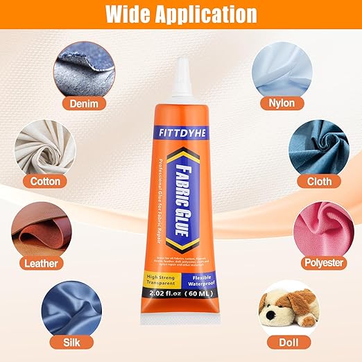 Fabric Glue Permanent, 60 ML Washable Clear Clothing Glue, Super Fabric Adhesive for Rhinestones, Patches, Clothes, Denim, Leather, Polyester, Fabrics, Doll Repair, Flannel, Cotton
