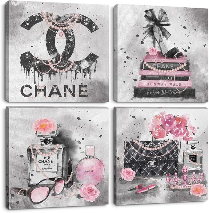 4 Pcs Pink Fashion Canvas Wall Art Black and White Decor Grey Wall Decor | Aesthetic Framed Posters Art Prints Artwork Pink Pictures for Women Bedroom Apartment Vogue Living Room Decor 8 x 8 inches