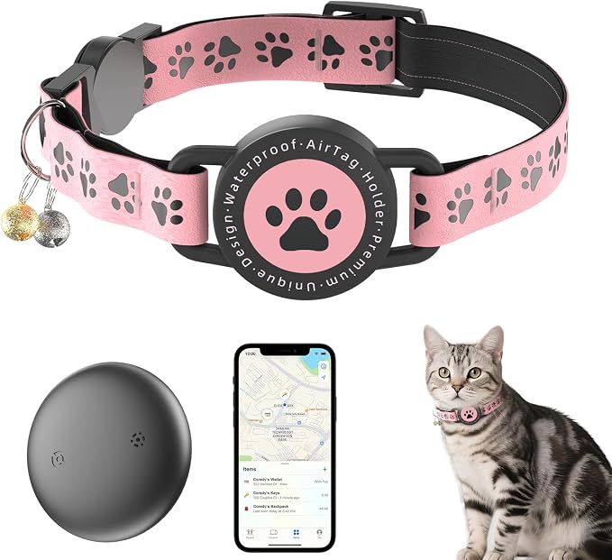 GPS Cat Tracker Collar (iOS & Android), No Monthly Fee GPS Dog Tracker Pink | Mini Bluetooth Smart Anti-Lost Pet Finder Tag Works with Apple Find My & Google Find Hub