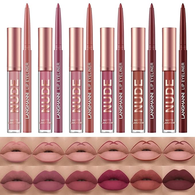 URQT 12pcs Lip Liner and Lipstick Set, 6 Velvety Matte Liquid Lipsticks + 6 Matching Smooth Lip Liner One Step Lips Long Lasting Waterproof Makeup Kits Gift Set