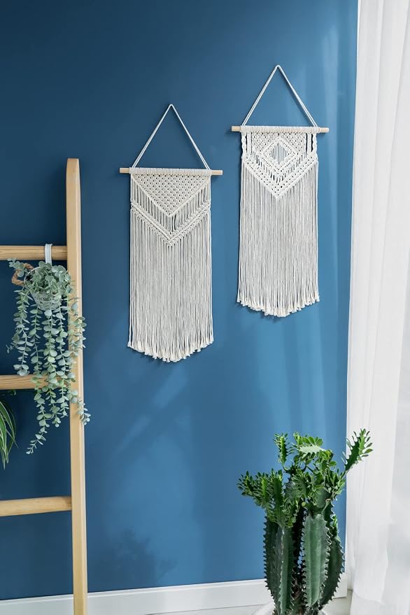 Dahey 2Pcs Macrame Wall Hanging Boho Tapestry Wall Art Bedroom Decor,Medium | Woven Craft, Unique Tassels, Soft Cotton Cord, Wood Dowel, Ready to Hang, Boho Wall Decor for Dorm Classroom Nursery Backdrop
