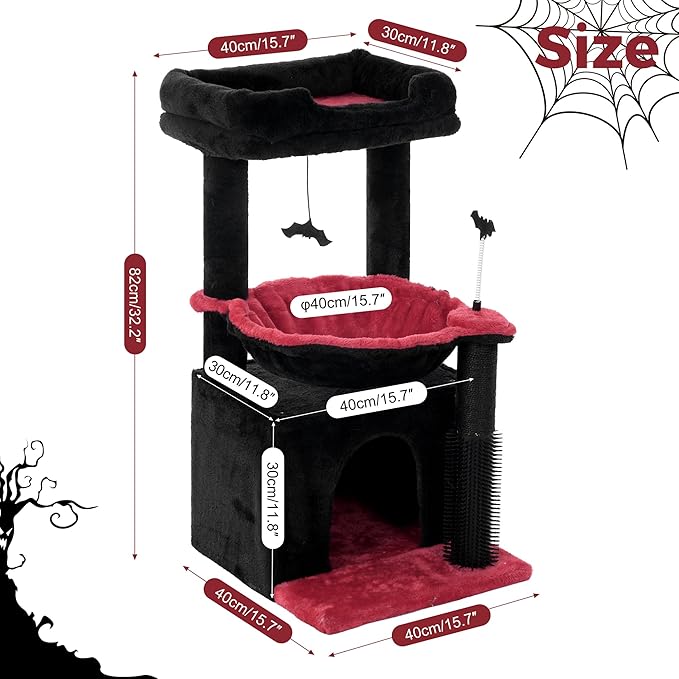 Cat Tree 32” Small Cat Tower with Large Hammock 16”& Self Groomer | Gothic Cat Tree with Hammock 16” Dia, Removable Bed, Scratching Post & Self Groomer Small Cat Tree for Indoor & Adult Cats