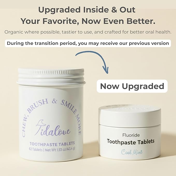 Tidalove Smile More Toothpaste Tablets with Fluoride & Hydroxyapatite (nHAp) – Vegan, Enamel Strengthening, Plastic-Free Reusable Tin, 62 Tablets, Cool Mint, Travel-Friendly
