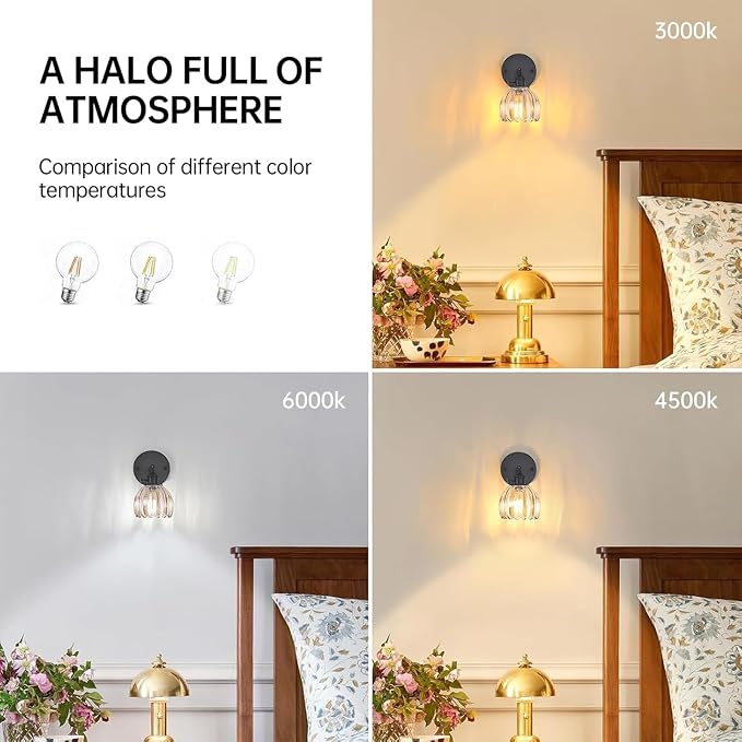 Shenmoyl Vintage Wall Sconce with Amber Tulip Glass Lampshade 180 Degree Adjustable Black Sconce Hradwired Modern Wall Lighting Fixture with Switch for Bedside Bedroom Doorway