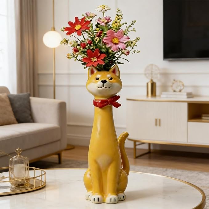 Quirky Dog Vase, Whimsical Boho Dog Flower Vase, Handcrafted Resin Decorative Dog Vases for Small Flowers, Funny Animal Resin Vases, Cute Puppy Planter for Desk Shelf, Boho Home Office Decor